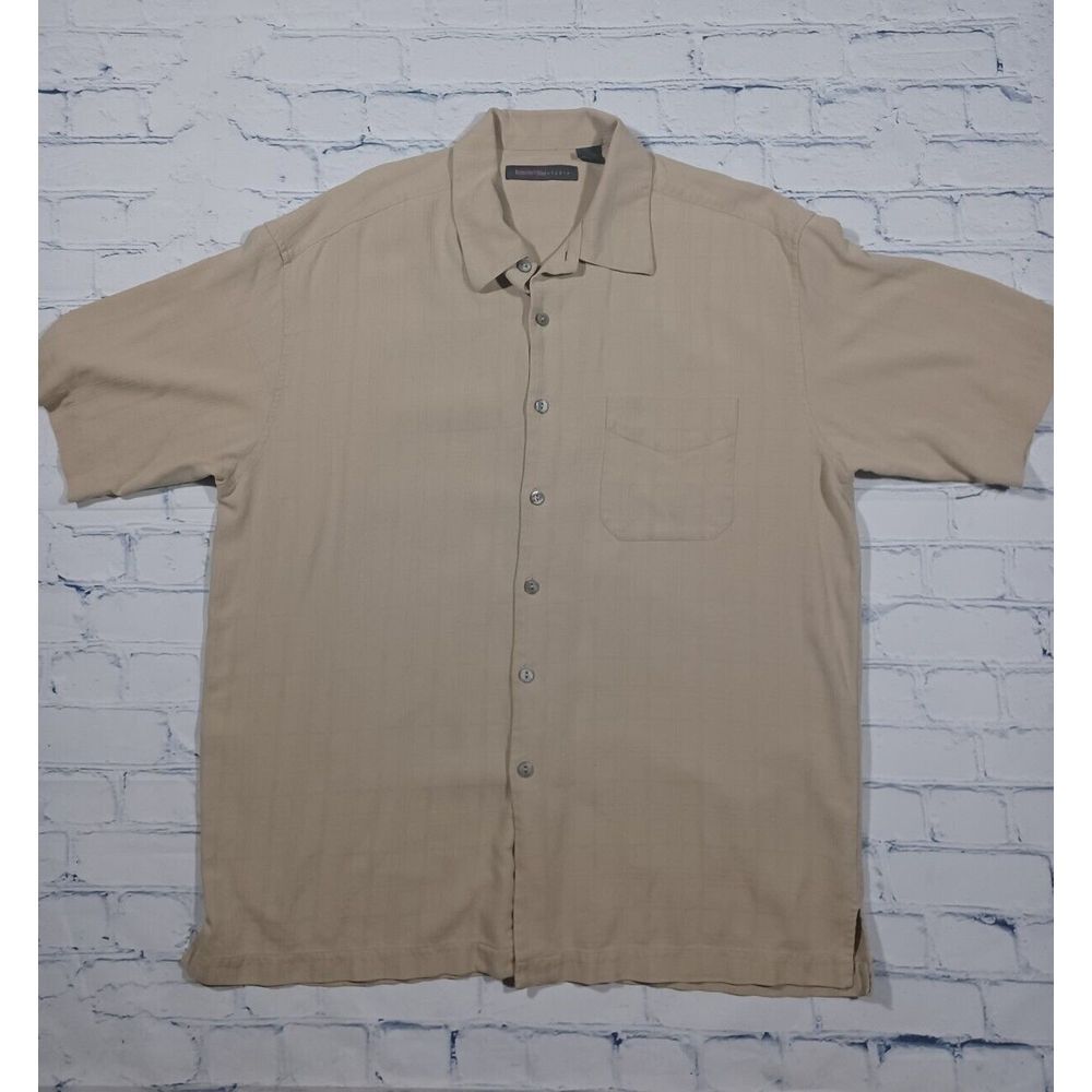 Roberto Villini Studio Shirt Mens XL Tan Silk Short Sleeve Button UP‎